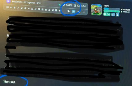 A screenshot of my computer displaying "The End," below the last two paragraphs of my book. I roughly blocked out the text, to avoid spoilers, but the word count (64862) is visible at the top of the screen.